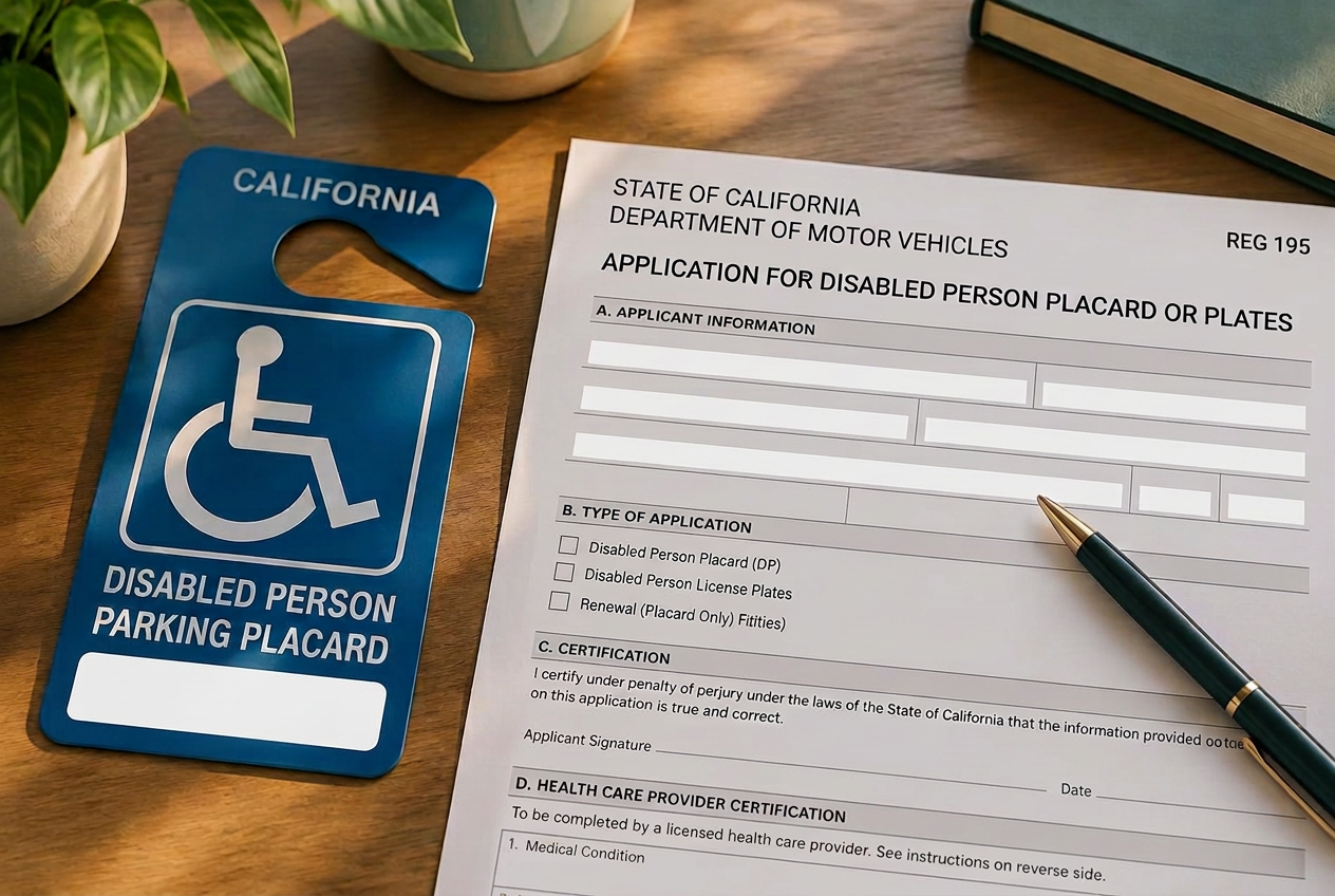 California disabled parking placard and DMV application paperwork