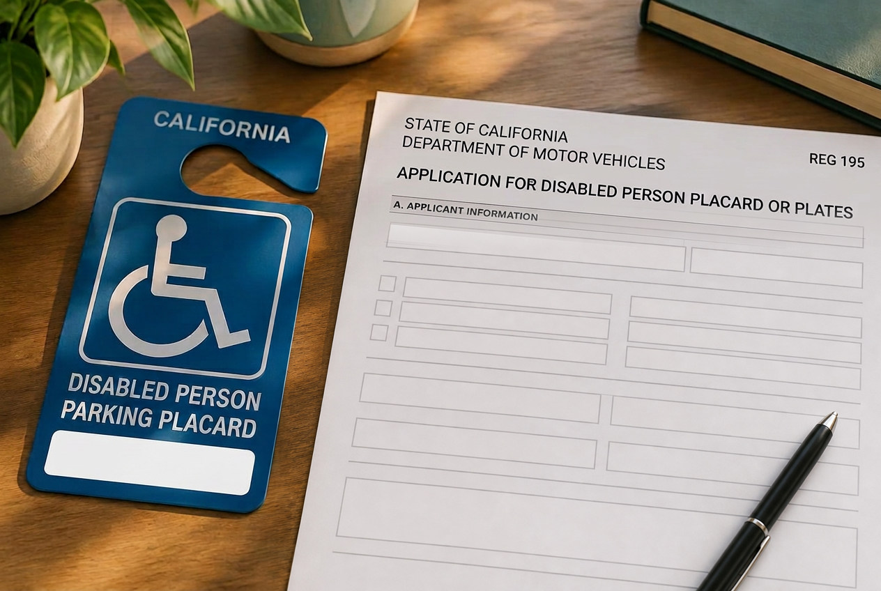 California disabled parking placard and DMV application paperwork